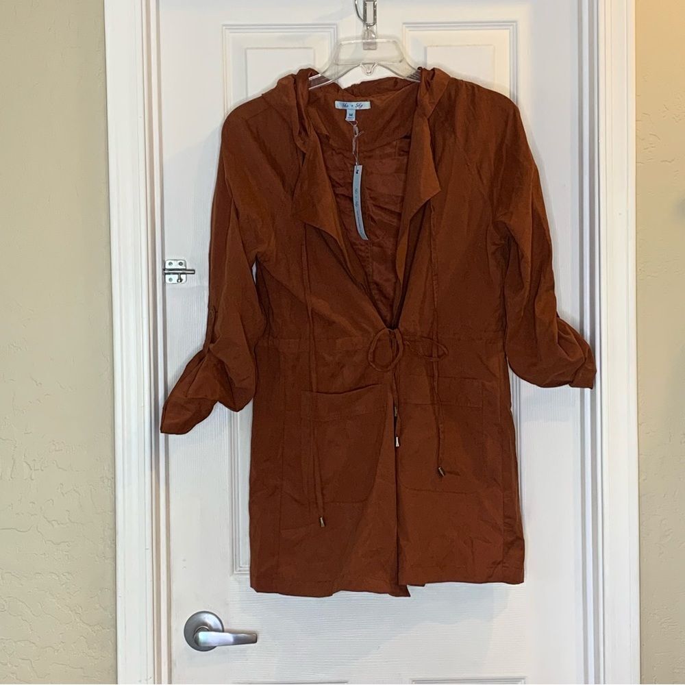 She + Sky Open Tie Front Trench Jacket Lightweight Size Medium Hooded Rust Color